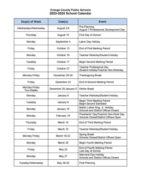 orange county public schools schedule|orange county 2024 school calendar.